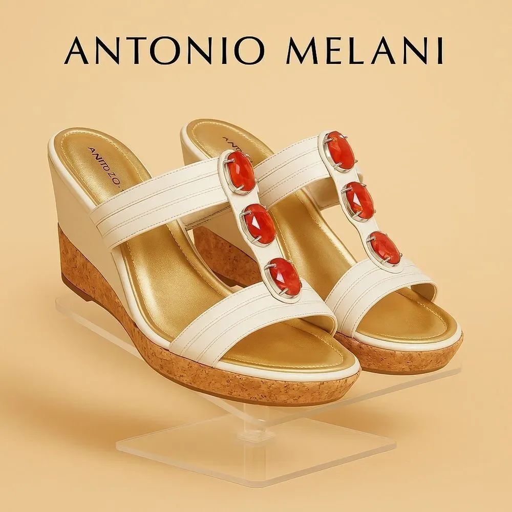 Antonio Melani Leather Cream Cork Coral Jewelled Slide Wedge Sandals 8.5